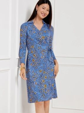 Talbots Effortless Jersey Kelley Faux Wrap Dress Lush Floral Blue Ivory Size L